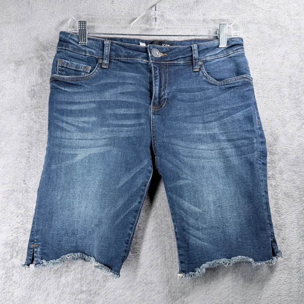 Kut from the Kloth‎ Natalie Bermuda Shorts Women 6 Blue Raw Hem Flap Back Pocket